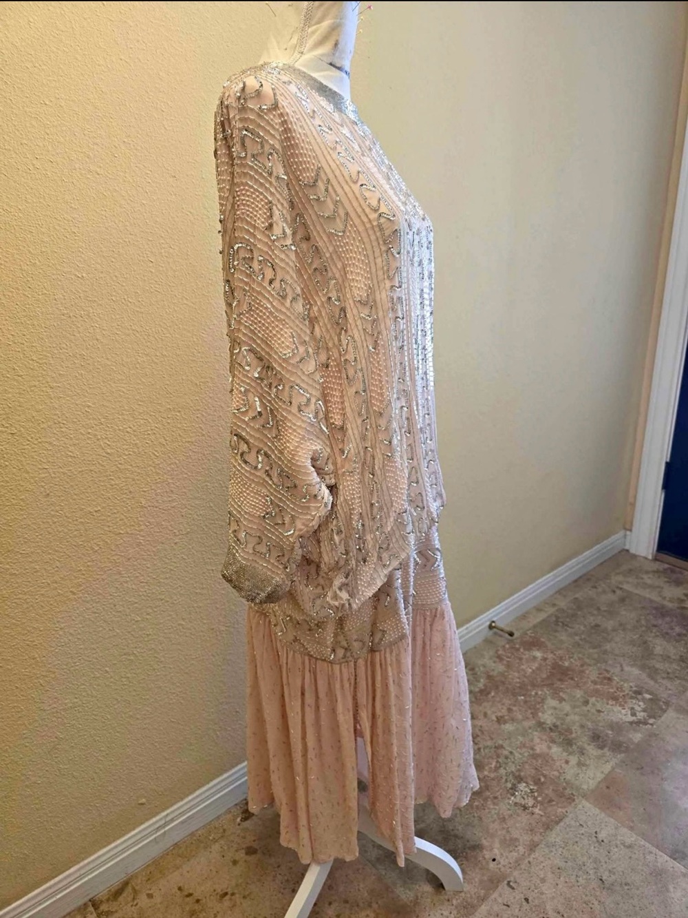 Vintage Judith Ann for Andie & Barbara Pink Silk Beaded Drop Waist Dress Small